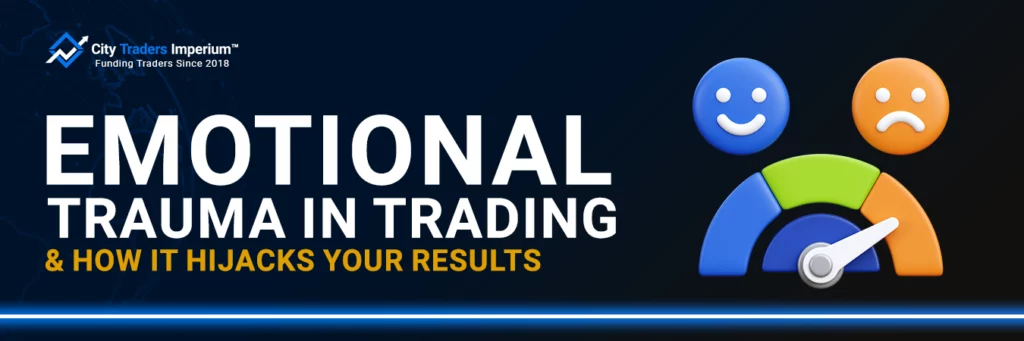 City Traders Imperium banner titled Emotional Trauma in Trading & How It Hijacks Your Results, featuring an emotional gauge meter with happy and sad faces.
