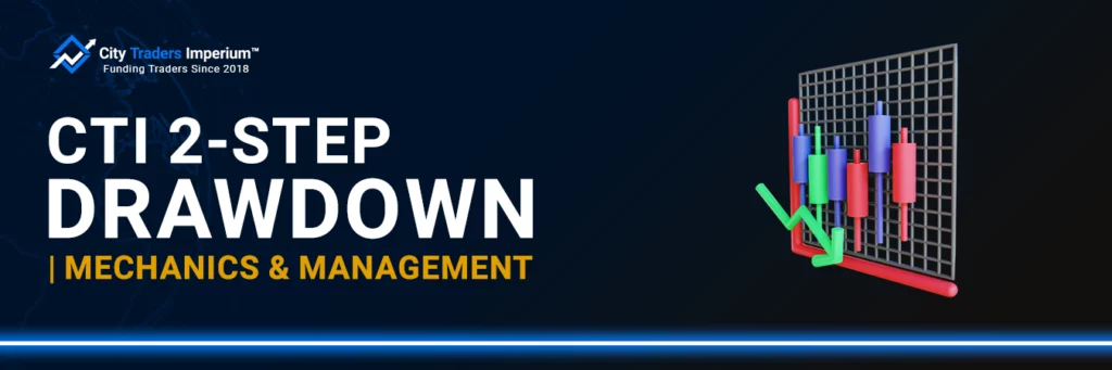 City Traders Imperium banner titled CTI 2-Step Drawdown: Mechanics & Management, featuring a 3D candlestick chart and falling trend arrow.