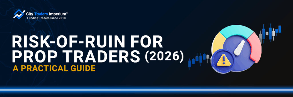 Banner for the “Risk of Ruin for Prop Traders (2026) – A Practical Guide” article, featuring a Risk of Ruin gauge icon over a candlestick chart background.