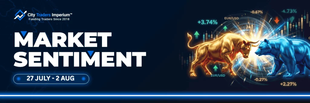 City Traders Imperium weekly market sentiment banner for 27 July to 2 August featuring a gold bull and blue bear with forex charts and percentage movements on a dark background